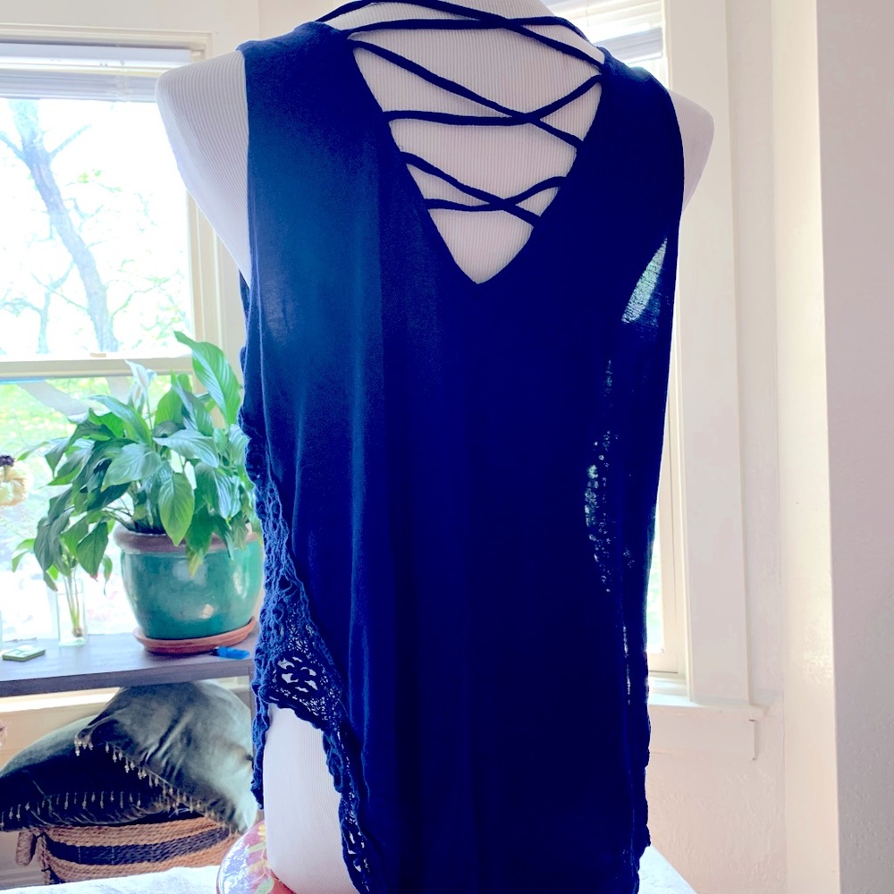 E&M Royal Blue Tank with Lace accents on ea side ..strappy back M 3/$15